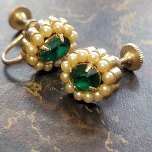 DAFRI Gold and Green Pearl screw on  Earrings